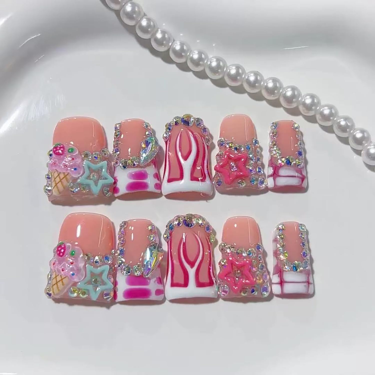 RIICFDD 10 Pcs Thick Press-On Nails – Nude Pink Glossy, Reusable with Glue (Size M)