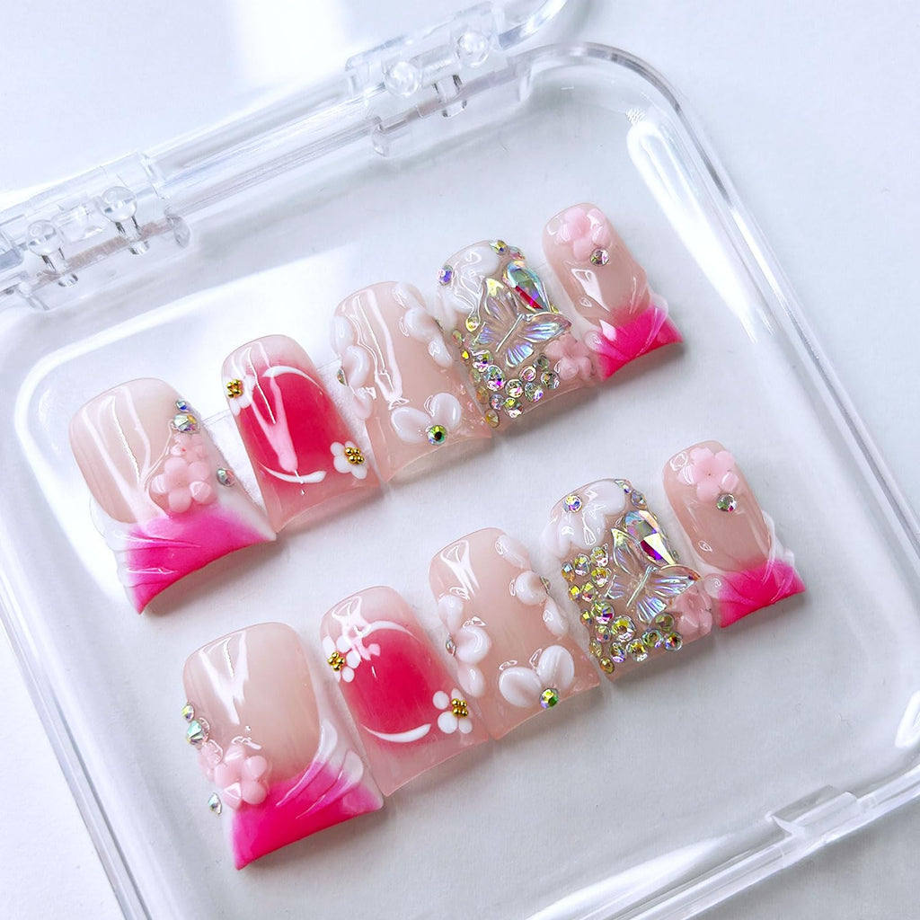 RIICFDD 10 Pcs Handmade Press-On Nails – Medium Duck, Rose Pink with 3D Flowers & Butterfly Rhinestones