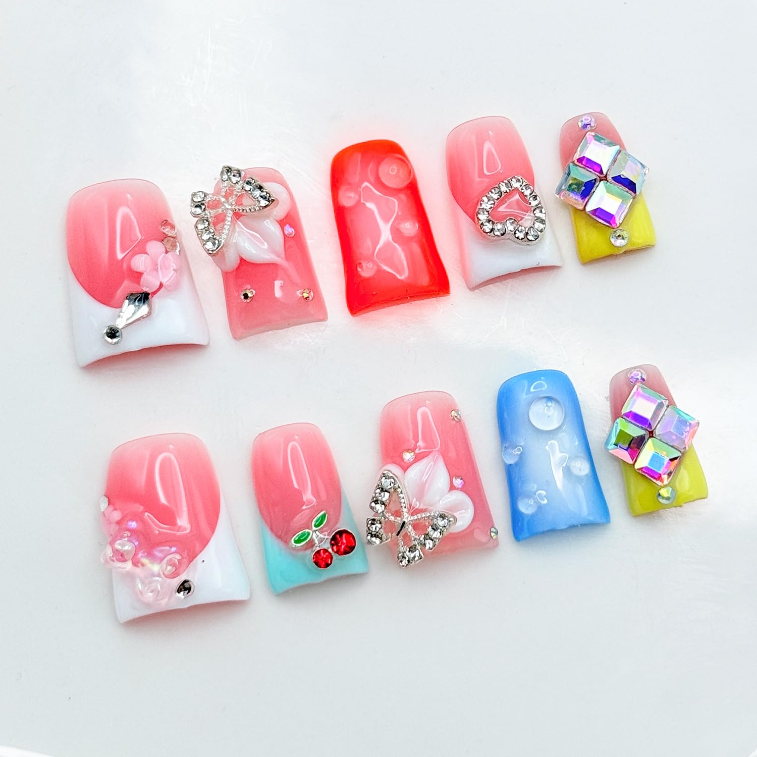 RIICFDD French Press Nails – Orange Duck Nails with 5D Flower Art & Rhinestones (Size S)