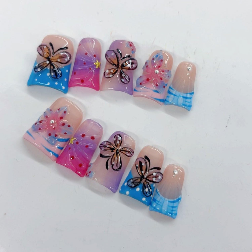 RIICFDD 10 Pcs Handmade Press-On Nails with Glue – Butterfly Flower Design