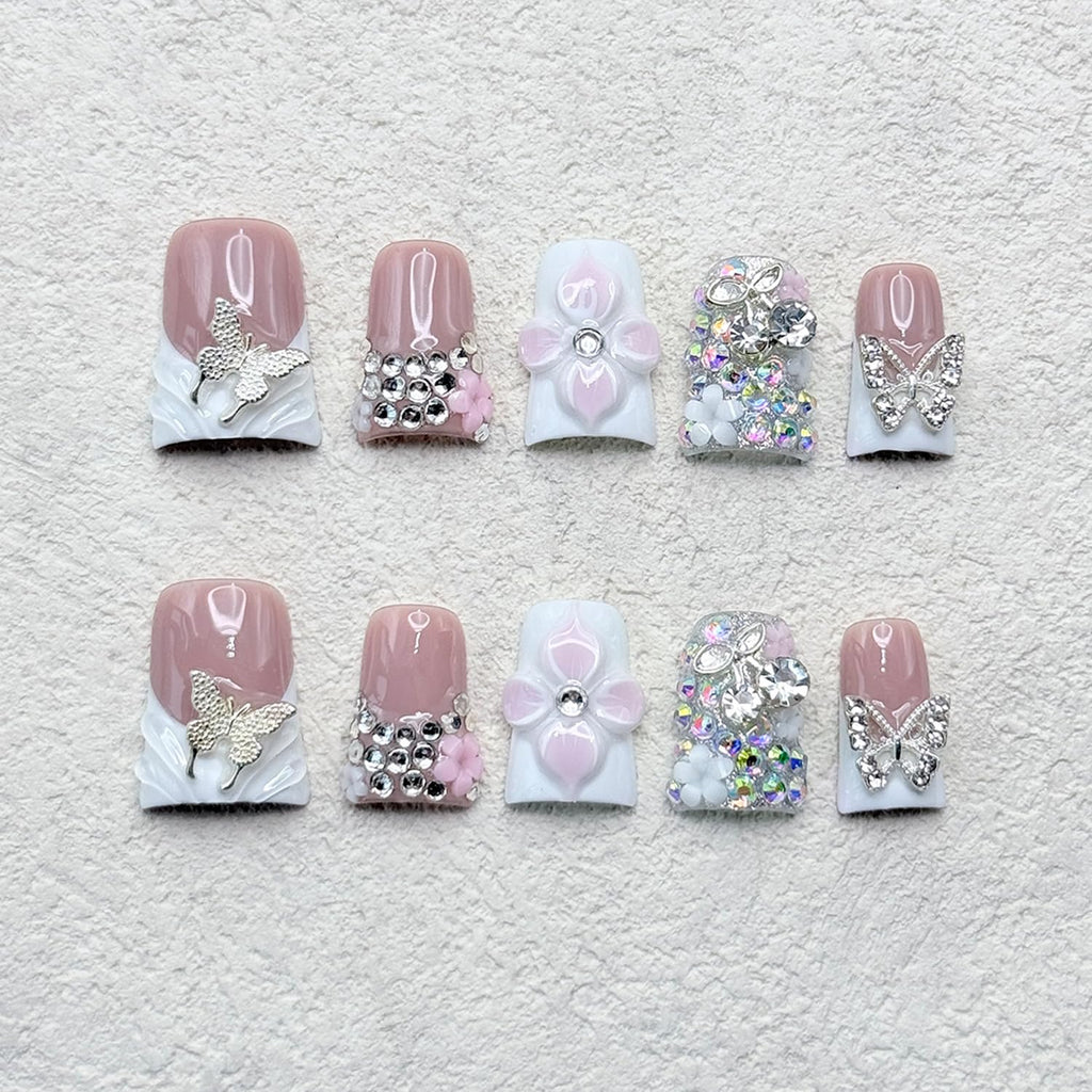RIICFDD Handmade Press-On Nails – Duck Design, 3D Flowers & Rhinestones (Size M)
