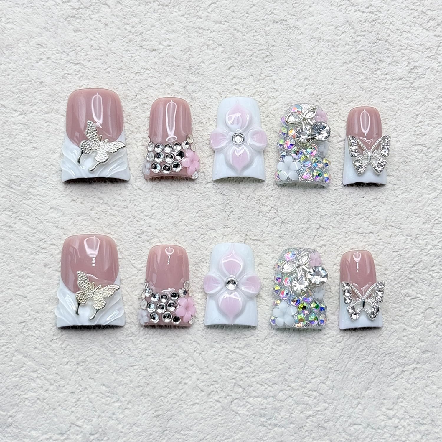 RIICFDD Handmade Press-On Nails – Duck Design, 3D Flowers & Rhinestones (Size M)