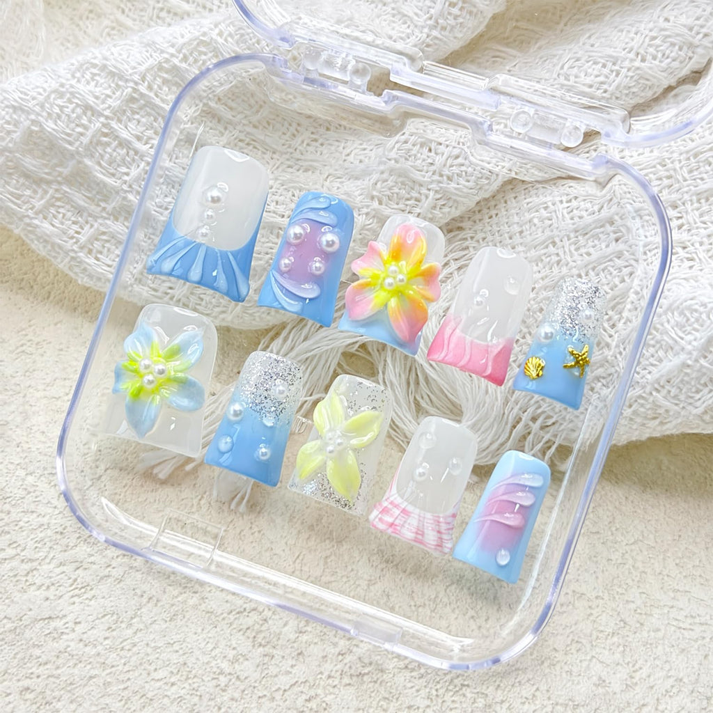 RIICFDD 3D Flower Blue Gradient Press On Nails – Shiny White Pearl Design, Pink Gradient with Gold Shell & Starfish (10 Pcs, Size M)
