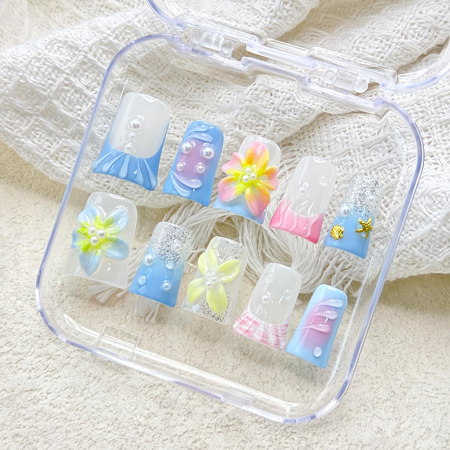 RIICFDD 3D Flower Blue Gradient Press On Nails – Shiny White Pearl Design, Pink Gradient with Gold Shell & Starfish (10 Pcs, Size M)