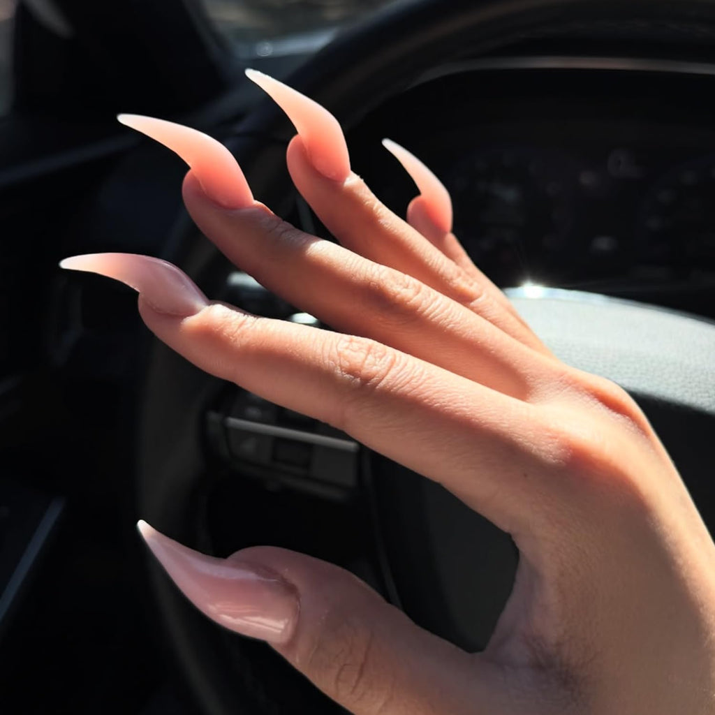 RIICFDD Handmade Medium Press On Nails Kit – Curved Stiletto Nude Pink, Reusable Acrylic