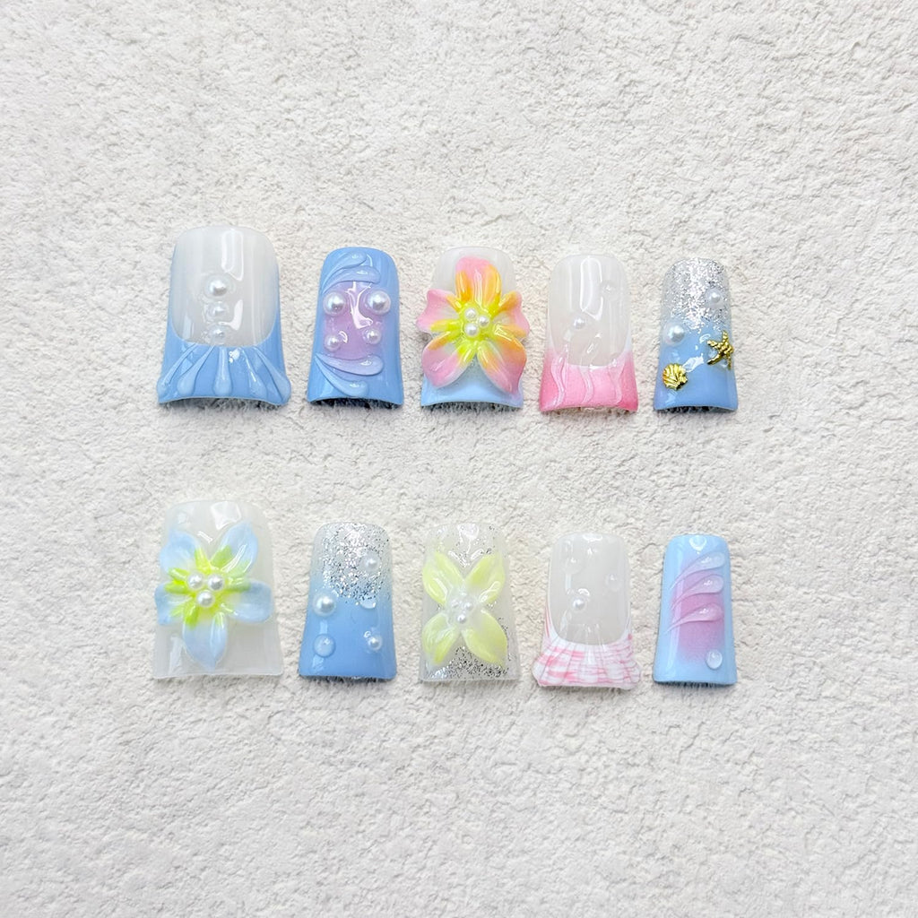 RIICFDD 3D Flower Blue Gradient Press On Nails – Shiny White Pearl Design, Pink Gradient with Gold Shell & Starfish (10 Pcs, Size M)