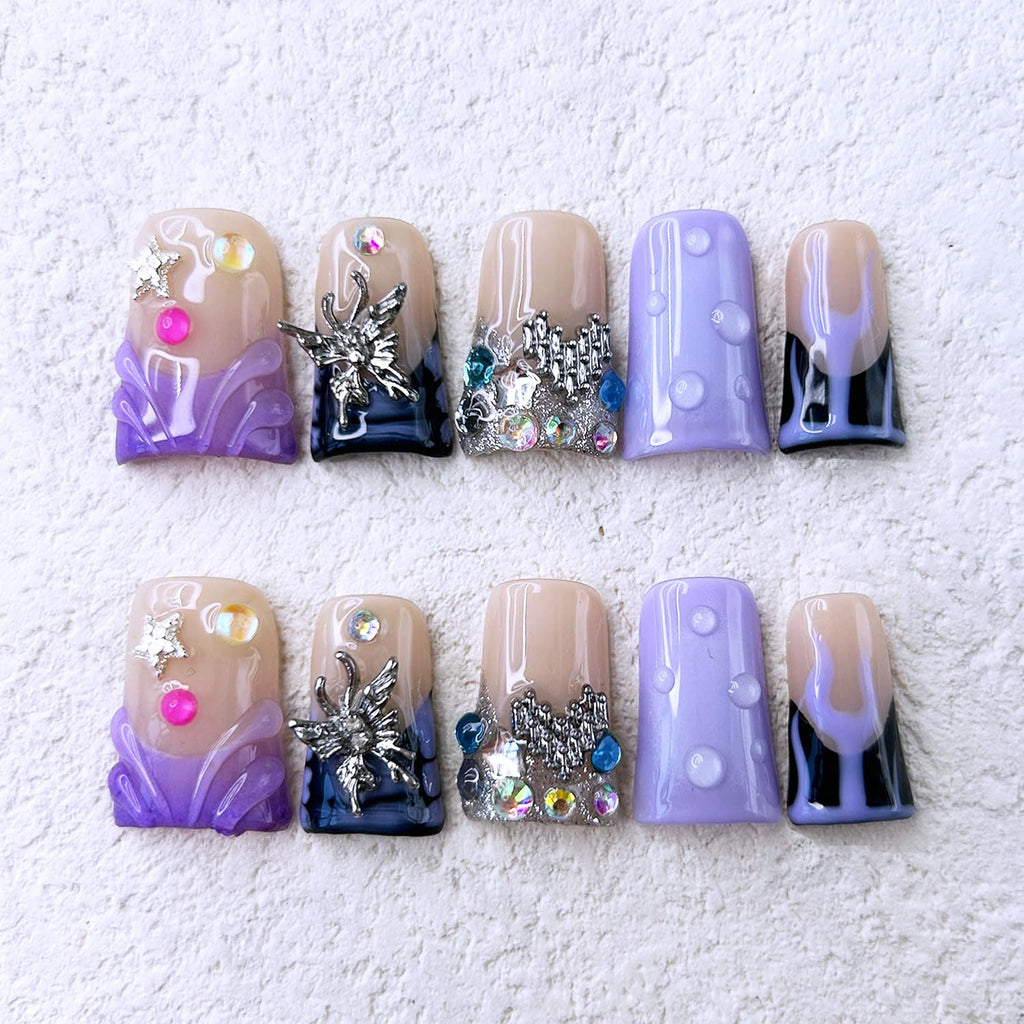 RIICFDD 10 Pcs Handmade Press-On Nails – Medium Duck Design, 3D Butterfly Rhinestones, Glue-On, Reusable