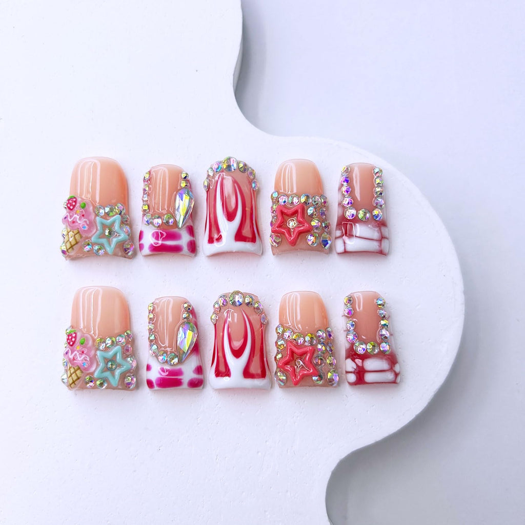 RIICFDD 10 Pcs Thick Press-On Nails – Nude Pink Glossy, Reusable with Glue (Size M)