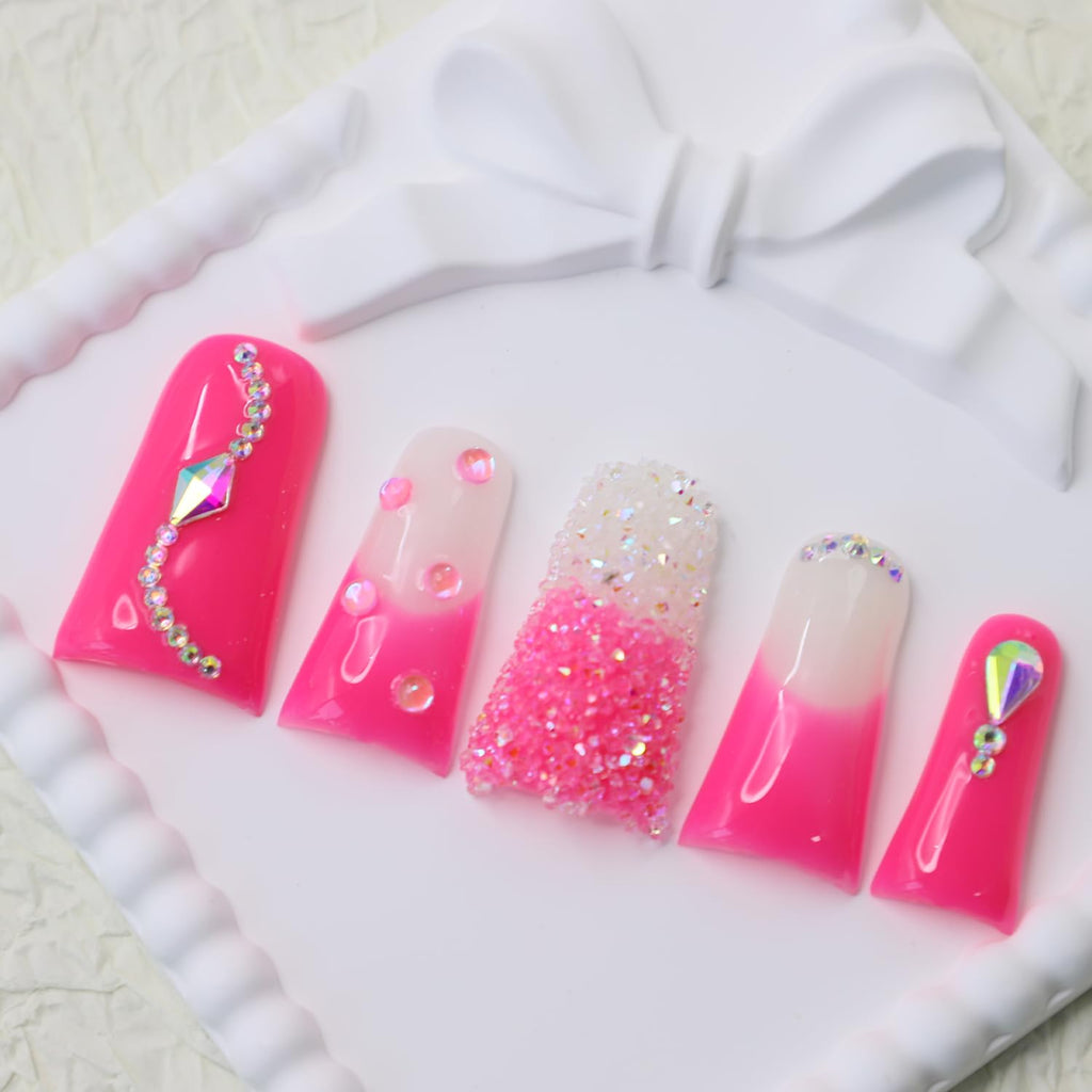 RIICFDD Handmade Press-On Nails – Long Duck Nails, Rose Pink Rhinestones, Reusable Acrylic (Size M)