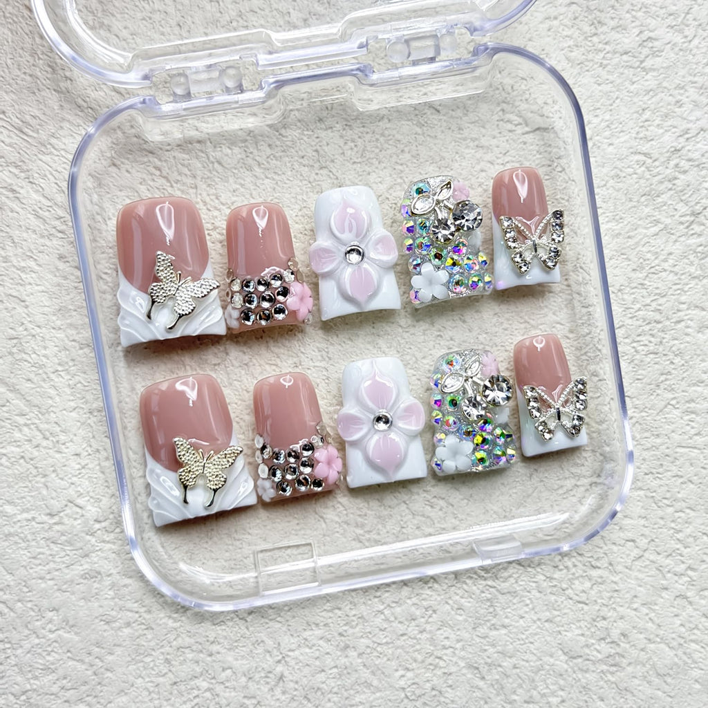 RIICFDD Handmade Press-On Nails – Duck Design, 3D Flowers & Rhinestones (Size M)