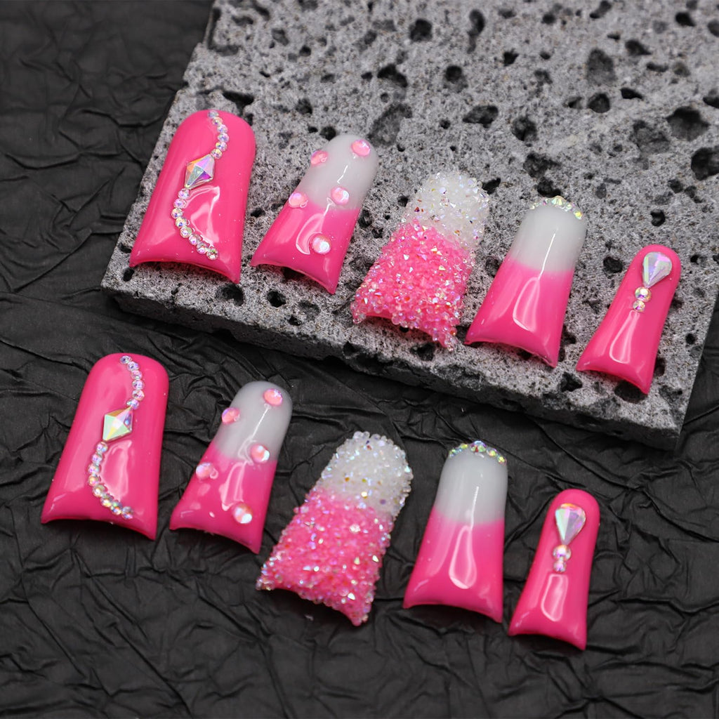 RIICFDD Handmade Press-On Nails – Long Duck Nails, Rose Pink Rhinestones, Reusable Acrylic (Size M)