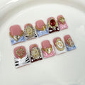 RIICFDD 10 Pcs Duck Press-On Nails Sea Waves Pink French Tip – 3D Golden Heart, Reusable Acrylic Kit