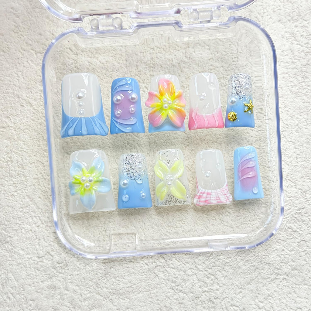 RIICFDD 3D Flower Blue Gradient Press On Nails – Shiny White Pearl Design, Pink Gradient with Gold Shell & Starfish (10 Pcs, Size M)