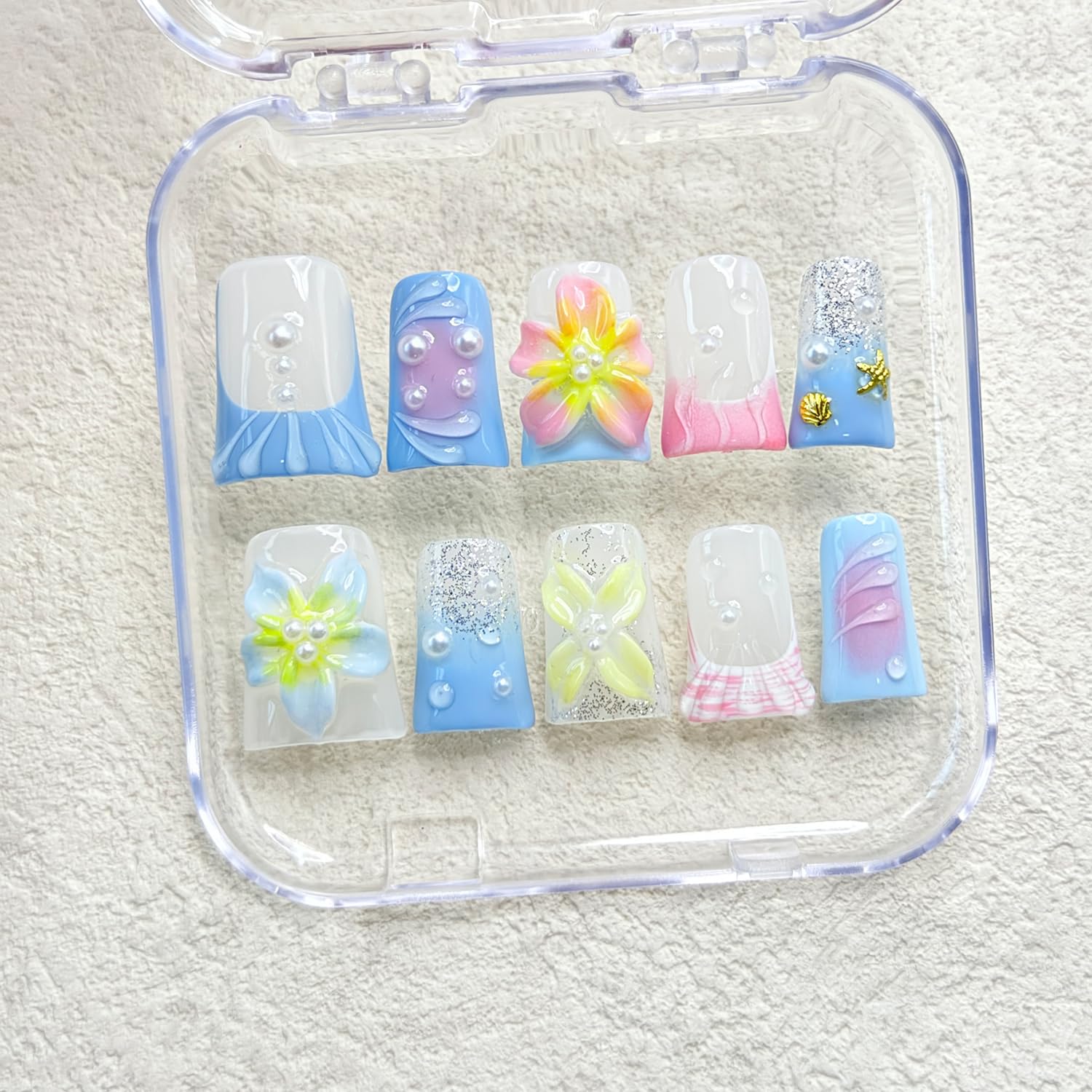 RIICFDD 3D Flower Blue Gradient Press On Nails – Shiny White Pearl Design, Pink Gradient with Gold Shell & Starfish (10 Pcs, Size M)