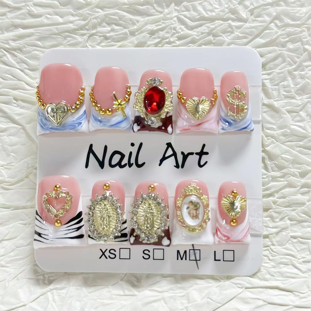RIICFDD 10 Pcs Duck Press-On Nails Sea Waves Pink French Tip – 3D Golden Heart, Reusable Acrylic Kit