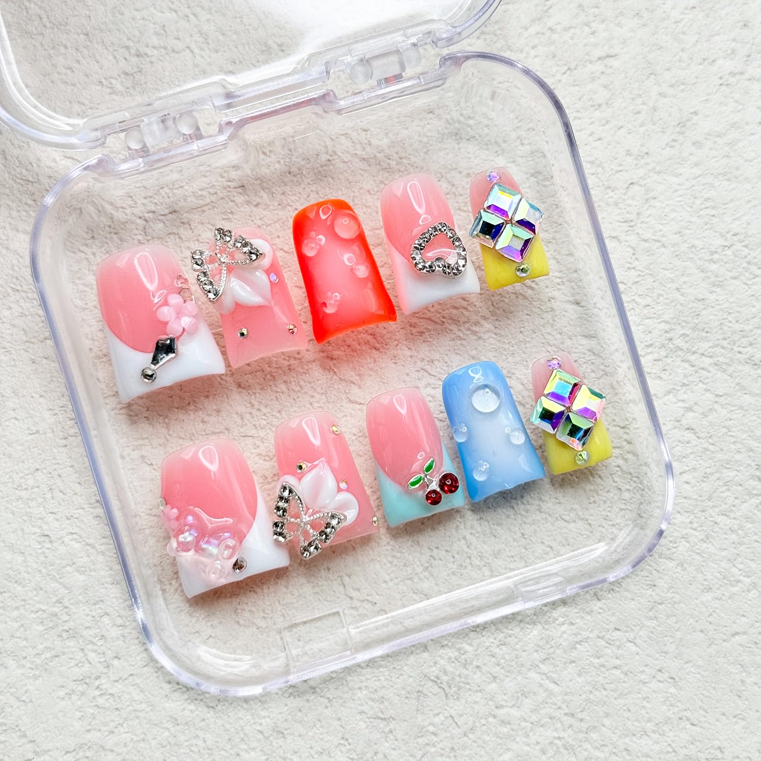 RIICFDD French Press Nails – Orange Duck Nails with 5D Flower Art & Rhinestones (Size S)