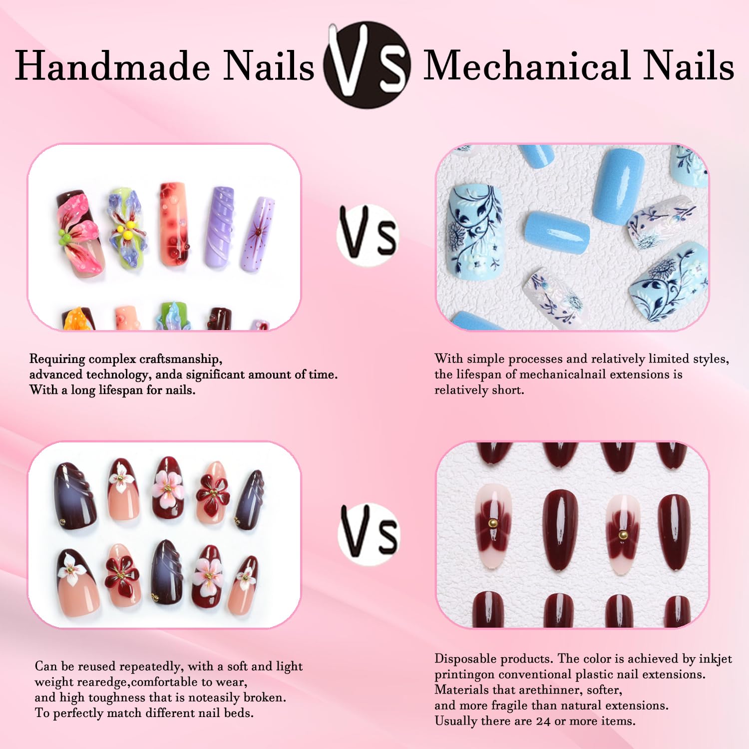 RIICFDD 3D Flower Blue Gradient Press On Nails – Shiny White Pearl Design, Pink Gradient with Gold Shell & Starfish (10 Pcs, Size M)
