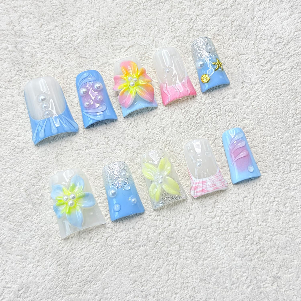 RIICFDD 3D Flower Blue Gradient Press On Nails – Shiny White Pearl Design, Pink Gradient with Gold Shell & Starfish (10 Pcs, Size M)