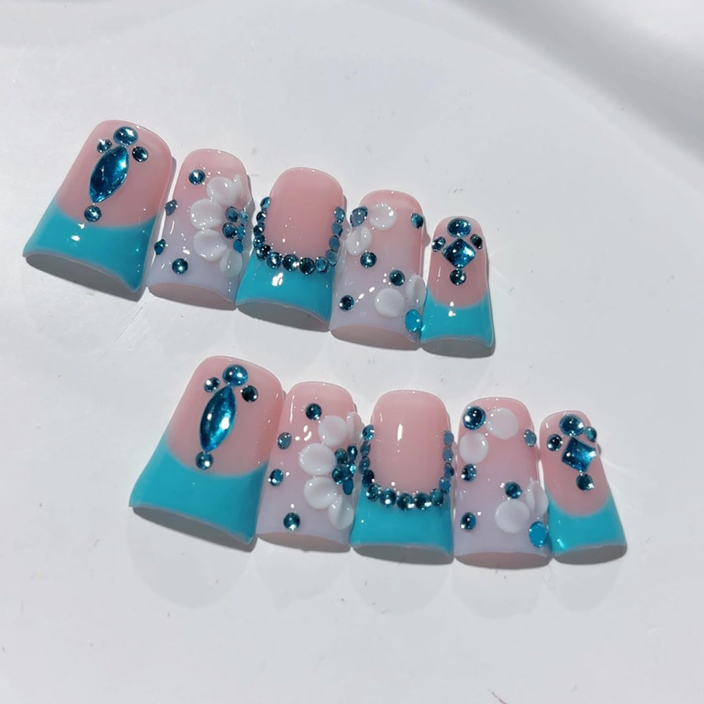 RIICFDD Handmade Press On Nails 3D Blue Rhinestones – Reusable Full-Cover Acrylic Nails (Size M)