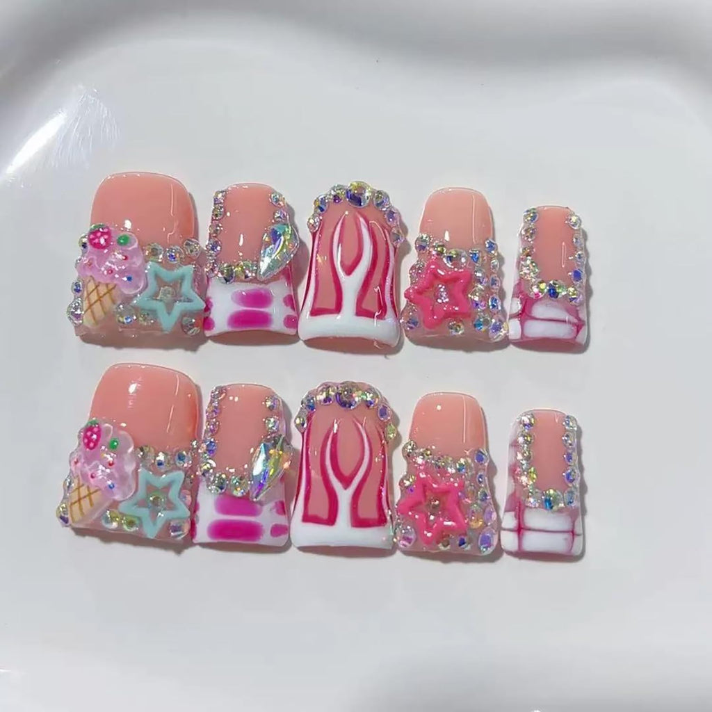 RIICFDD 10 Pcs Thick Press-On Nails – Nude Pink Glossy, Reusable with Glue (Size M)