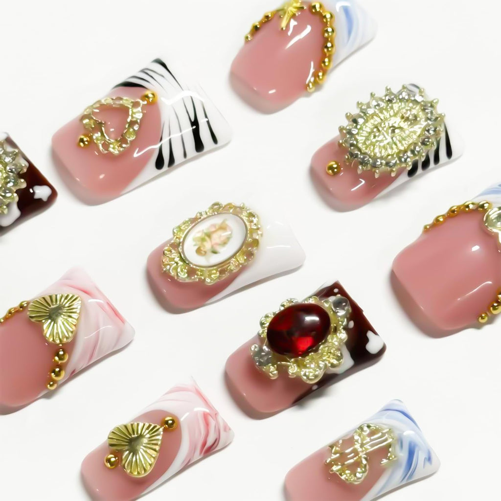 RIICFDD 10 Pcs Duck Press-On Nails Sea Waves Pink French Tip – 3D Golden Heart, Reusable Acrylic Kit