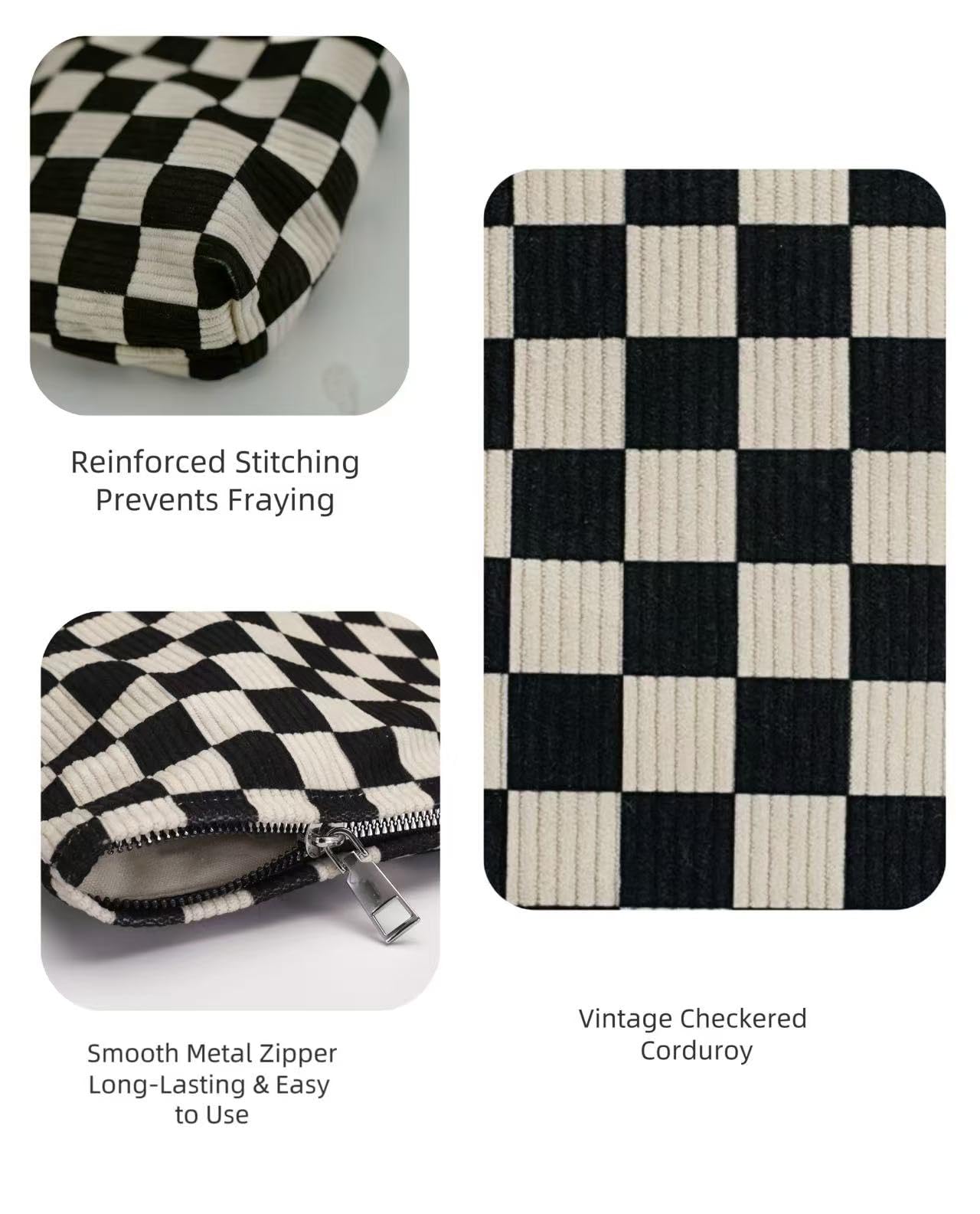 RIKMOXR Black and White Checkered Makeup Bag Set of 2 – Corduroy Cosmetic Pouches for Women, Travel Toiletry Organizer