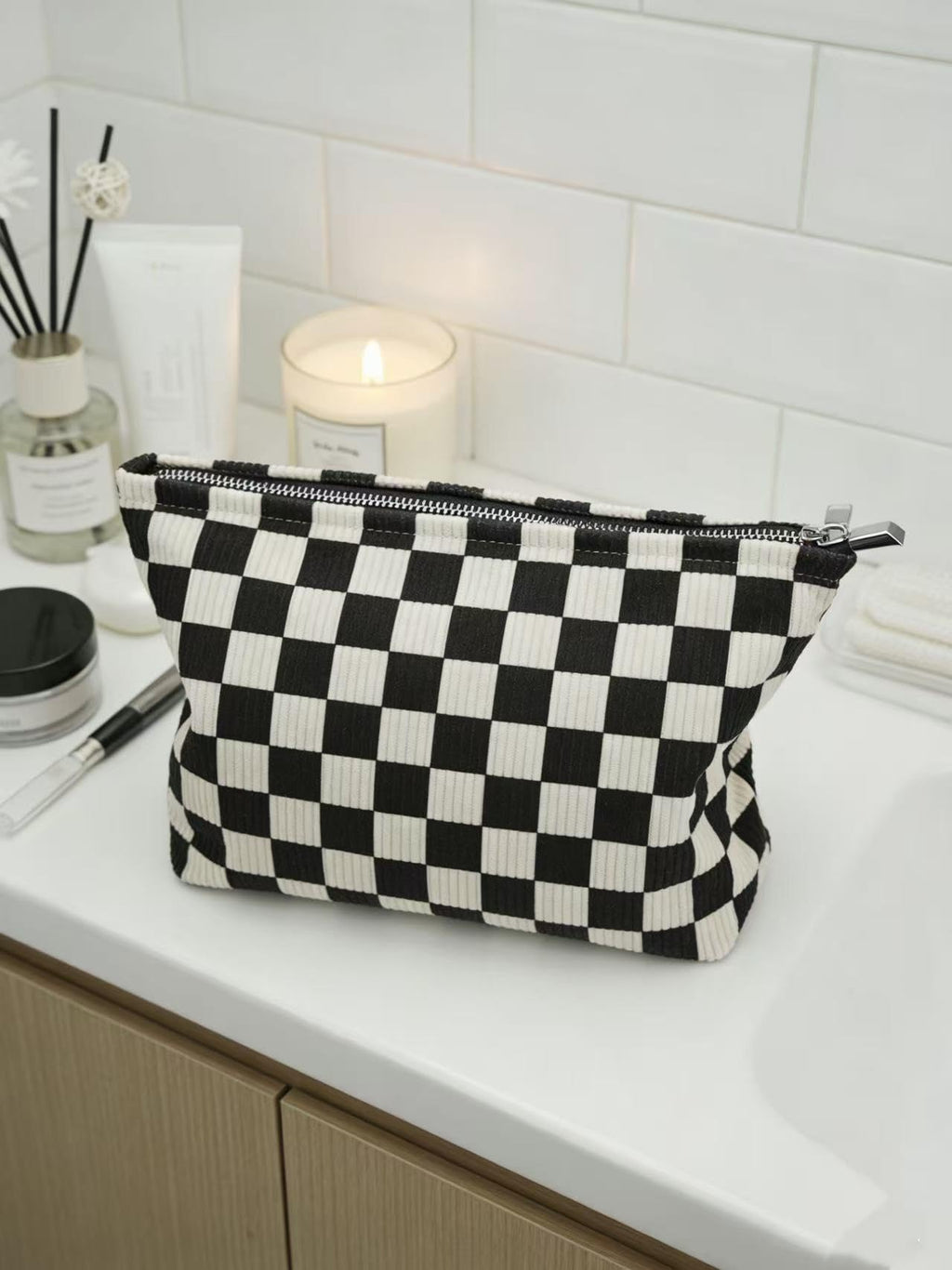 RIKMOXR Black and White Checkered Makeup Bag Set of 2 – Corduroy Cosmetic Pouches for Women, Travel Toiletry Organizer