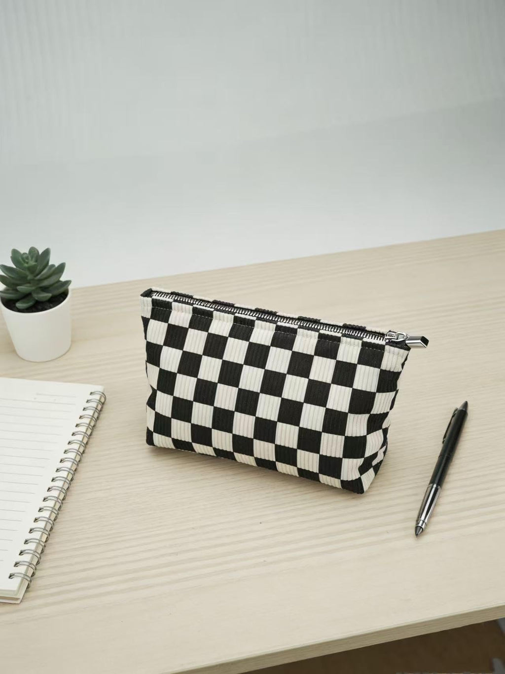 RIKMOXR Black and White Checkered Makeup Bag Set of 2 – Corduroy Cosmetic Pouches for Women, Travel Toiletry Organizer