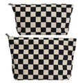 RIKMOXR Black and White Checkered Makeup Bag Set of 2 – Corduroy Cosmetic Pouches for Women, Travel Toiletry Organizer
