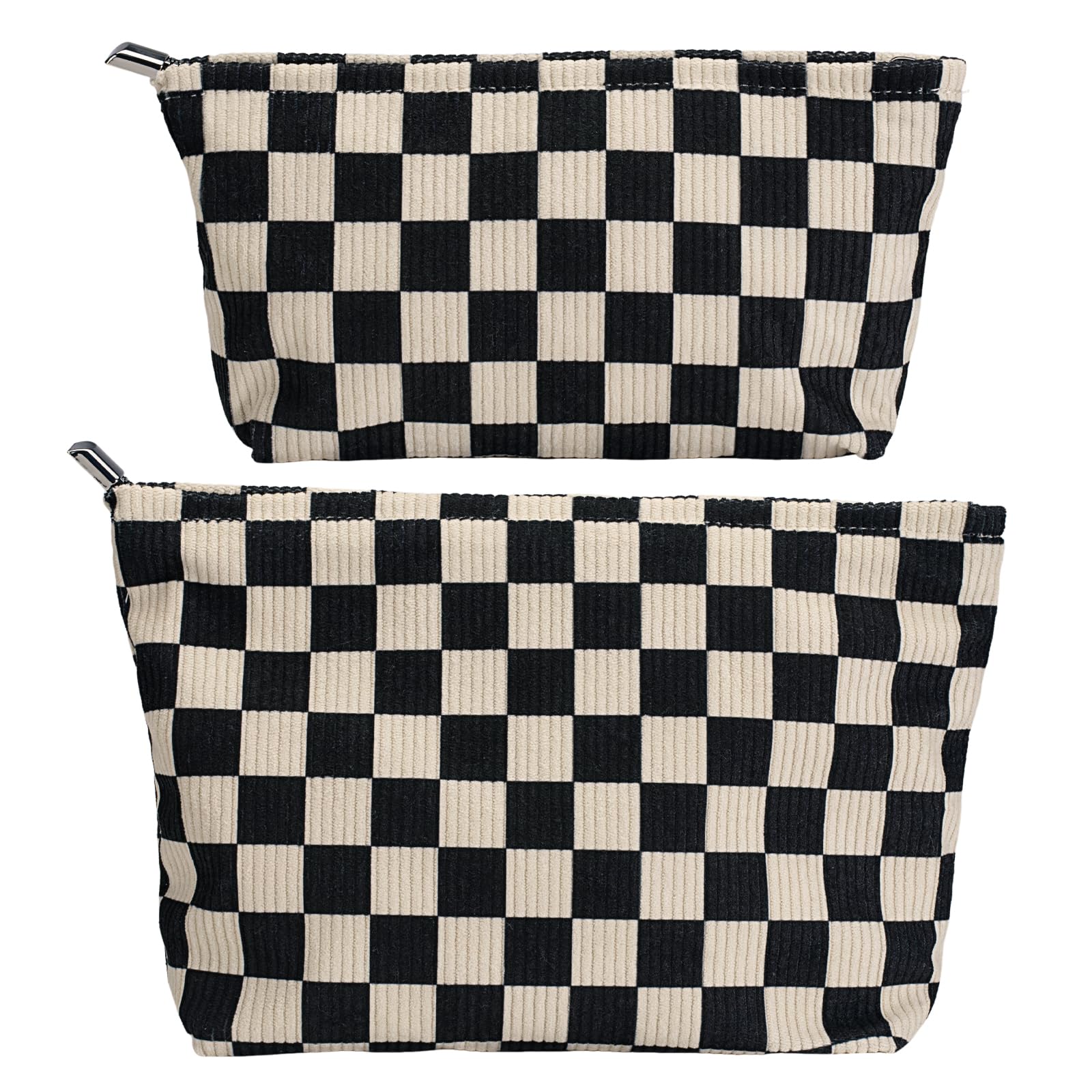 RIKMOXR Black and White Checkered Makeup Bag Set of 2 – Corduroy Cosmetic Pouches for Women, Travel Toiletry Organizer