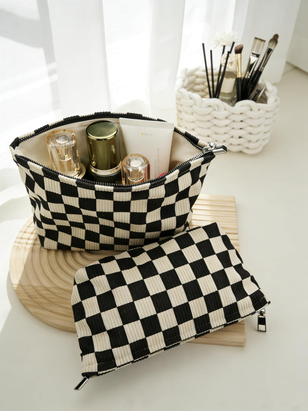 RIKMOXR Black and White Checkered Makeup Bag Set of 2 – Corduroy Cosmetic Pouches for Women, Travel Toiletry Organizer