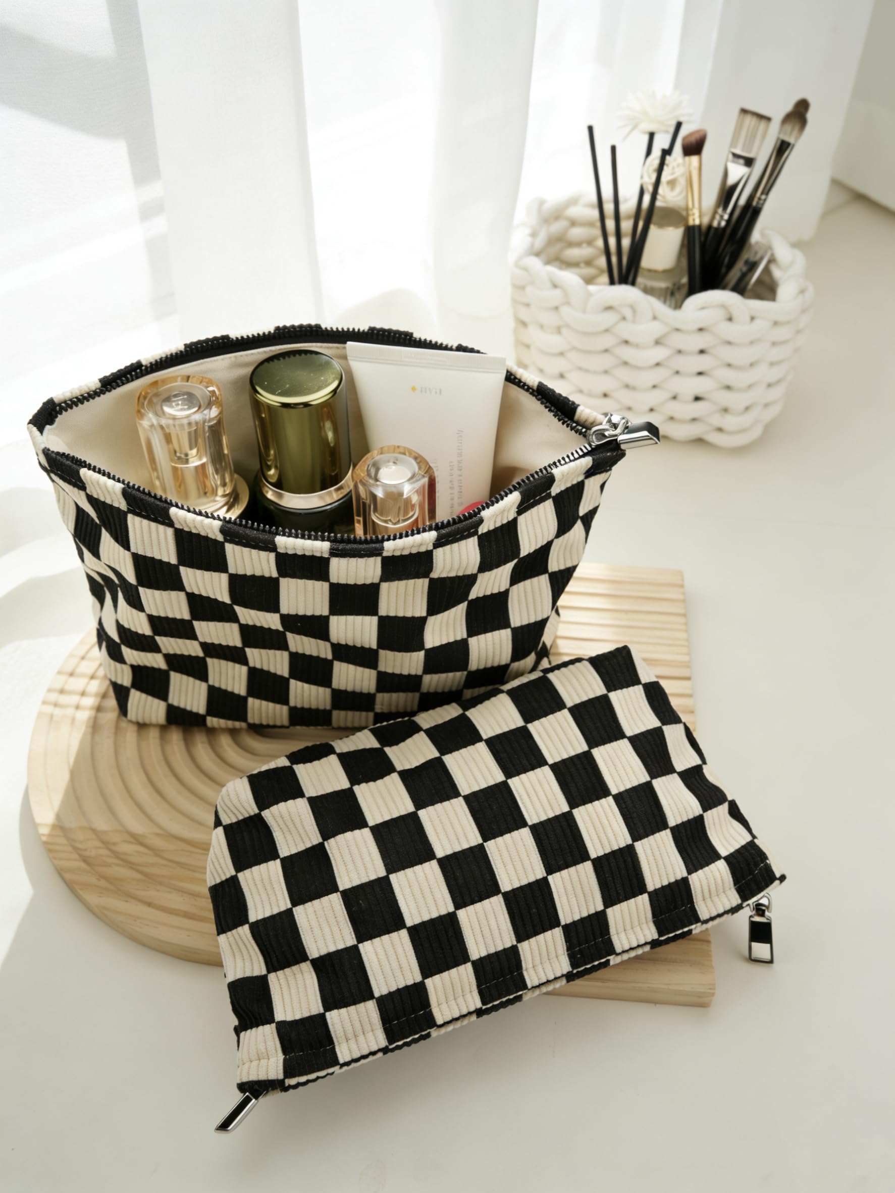 RIKMOXR Black and White Checkered Makeup Bag Set of 2 – Corduroy Cosmetic Pouches for Women, Travel Toiletry Organizer