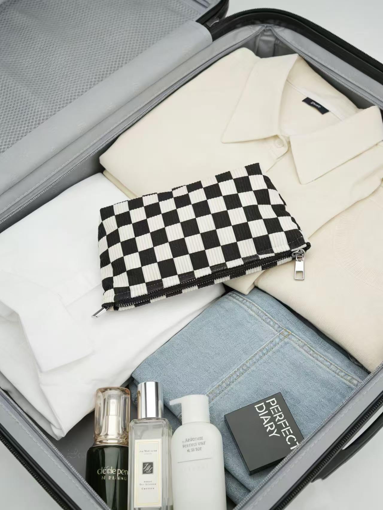 RIKMOXR Black and White Checkered Makeup Bag Set of 2 – Corduroy Cosmetic Pouches for Women, Travel Toiletry Organizer