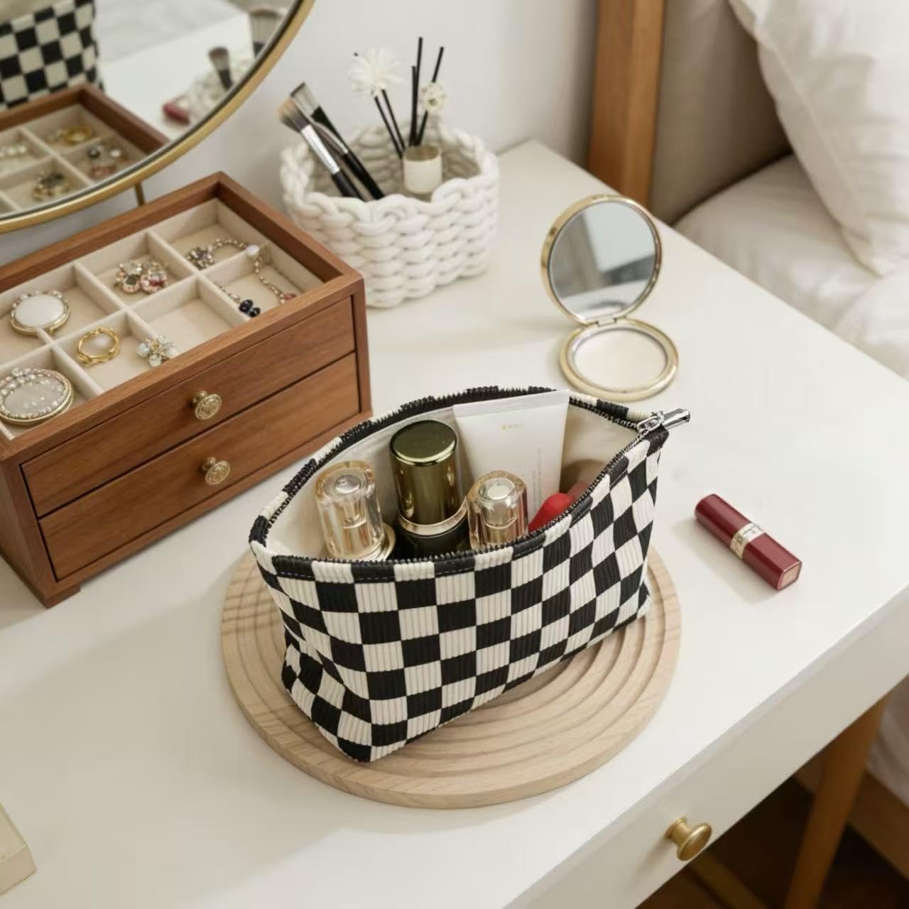RIKMOXR Black and White Checkered Makeup Bag Set of 2 – Corduroy Cosmetic Pouches for Women, Travel Toiletry Organizer