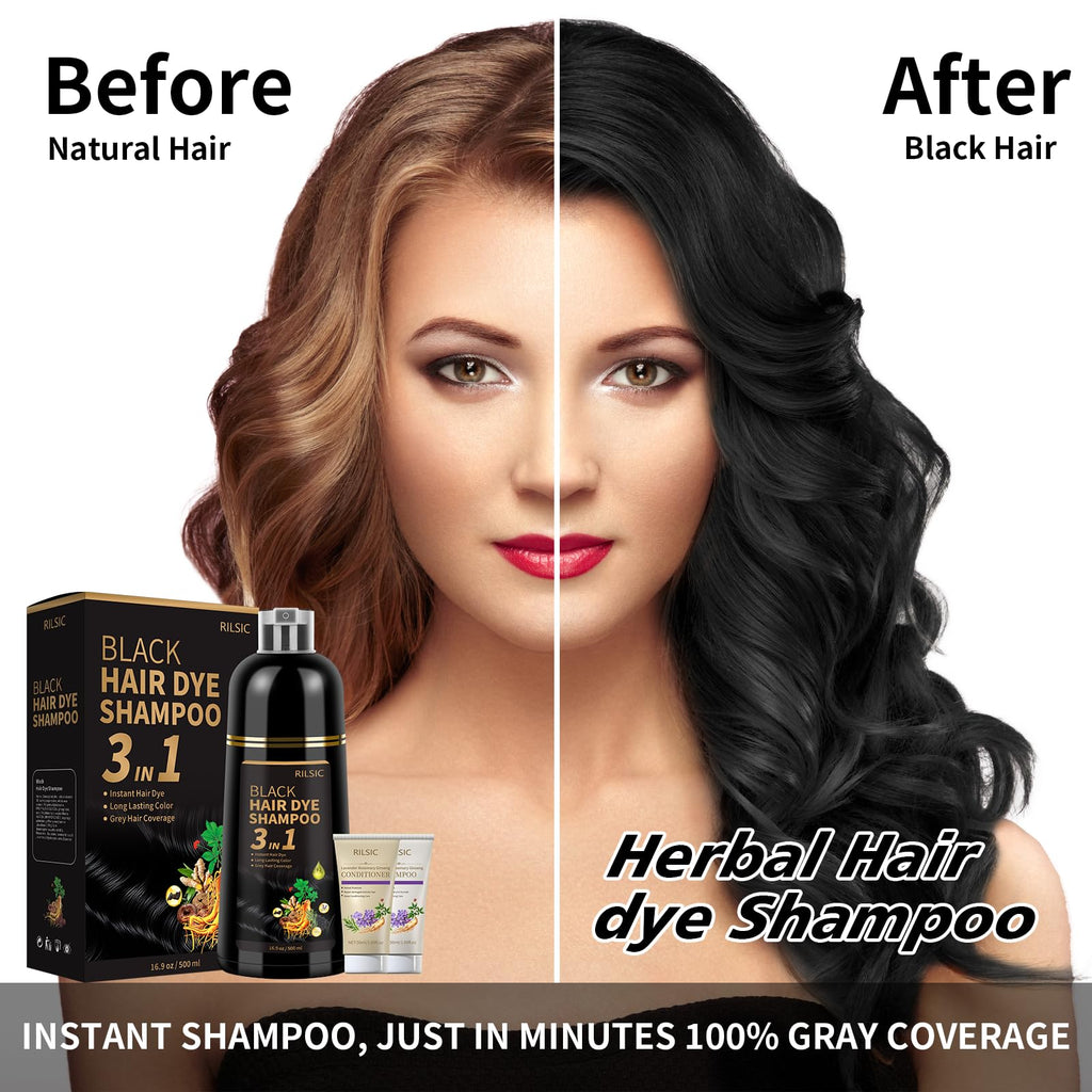 RILSIC Black Hair Dye Shampoo 3 in 1 – Ammonia-Free Grey Coverage in Minutes (600ML)