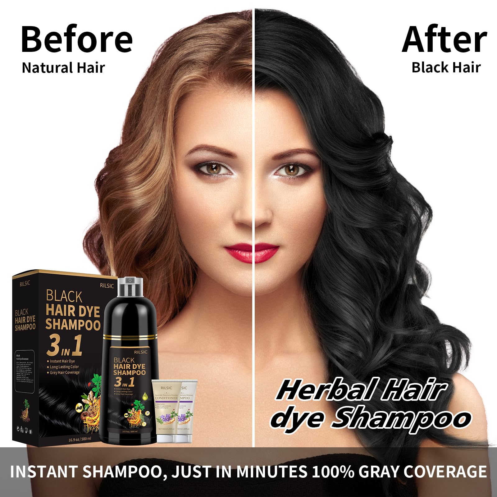 RILSIC Black Hair Dye Shampoo 3 in 1 – Ammonia-Free Grey Coverage in Minutes (600ML)