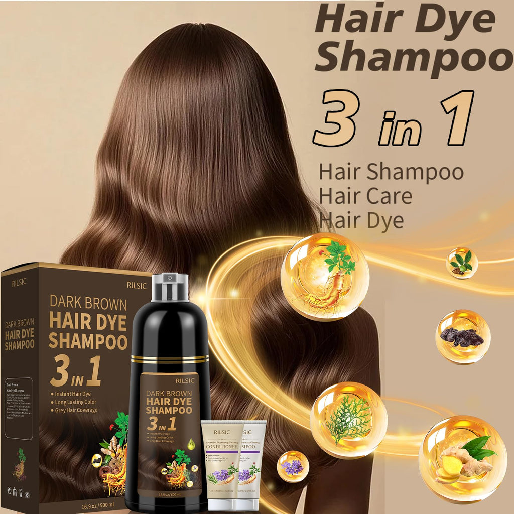 RILSIC Dark Brown Hair Dye Shampoo 3-in-1 for Grey Coverage – Ammonia-Free Herbal Color, 600ML
