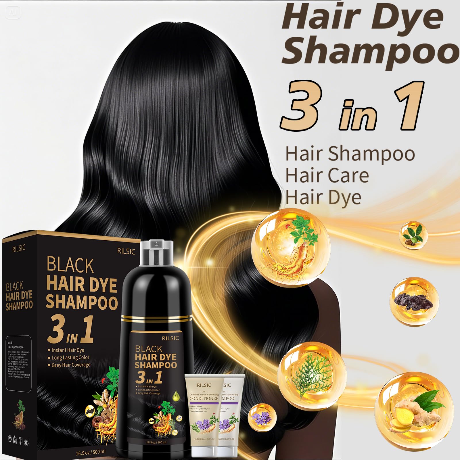 RILSIC Black Hair Dye Shampoo 3 in 1 – Ammonia-Free Grey Coverage in Minutes (600ML)
