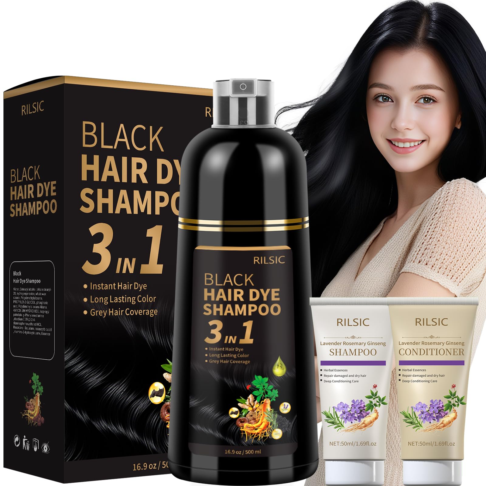 RILSIC Black Hair Dye Shampoo 3 in 1 – Ammonia-Free Grey Coverage in Minutes (600ML)