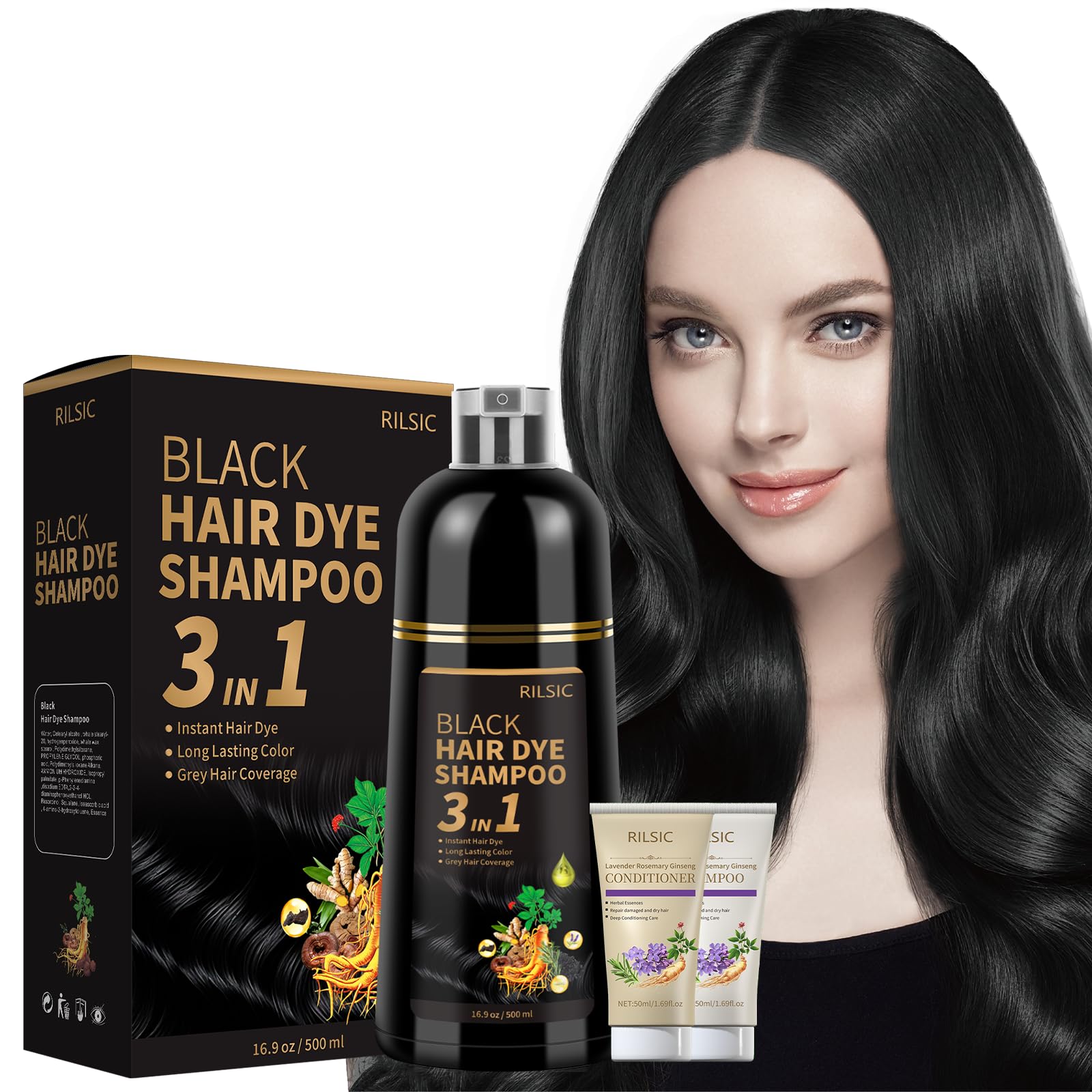 RILSIC Black Hair Dye Shampoo 3 in 1 – Ammonia-Free Grey Coverage in Minutes (600ML)