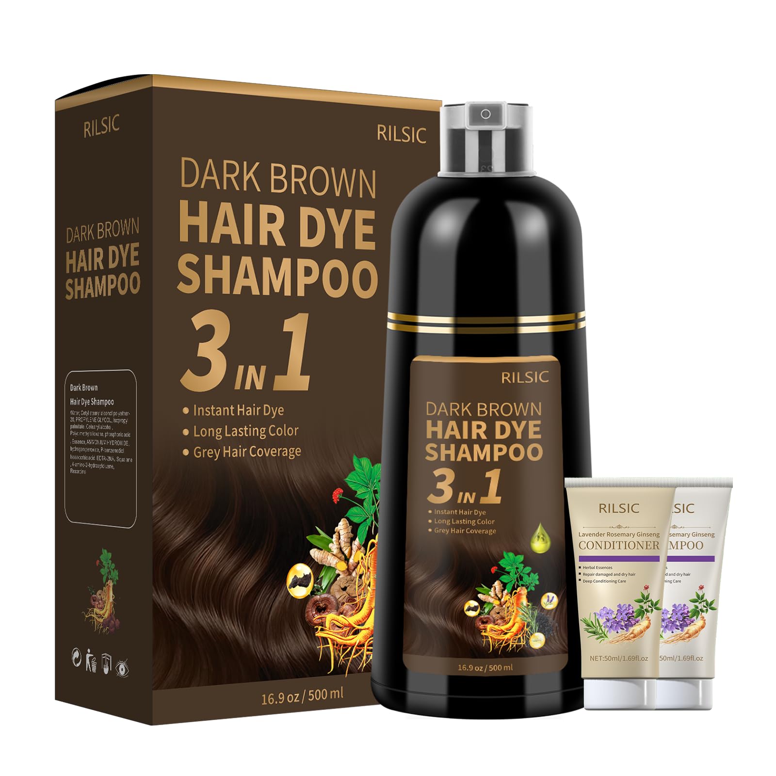 RILSIC Dark Brown Hair Dye Shampoo 3-in-1 for Grey Coverage – Ammonia-Free Herbal Color, 600ML