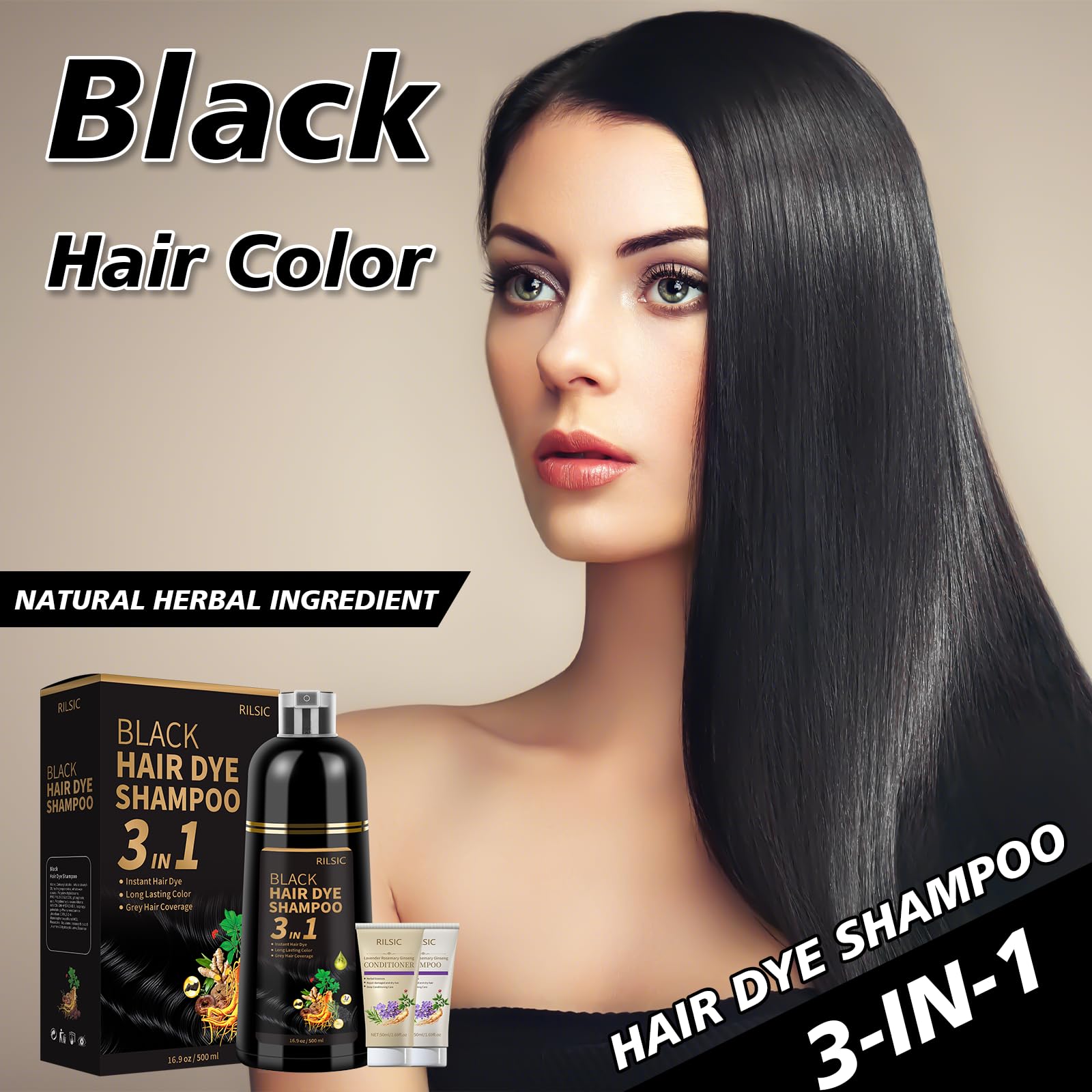 RILSIC Black Hair Dye Shampoo 3 in 1 – Ammonia-Free Grey Coverage in Minutes (600ML)
