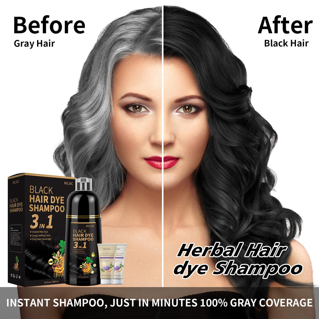 RILSIC Black Hair Dye Shampoo 3 in 1 – Ammonia-Free Grey Coverage in Minutes (600ML)