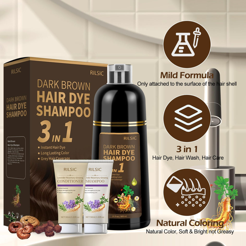 RILSIC Dark Brown Hair Dye Shampoo 3-in-1 for Grey Coverage – Ammonia-Free Herbal Color, 600ML