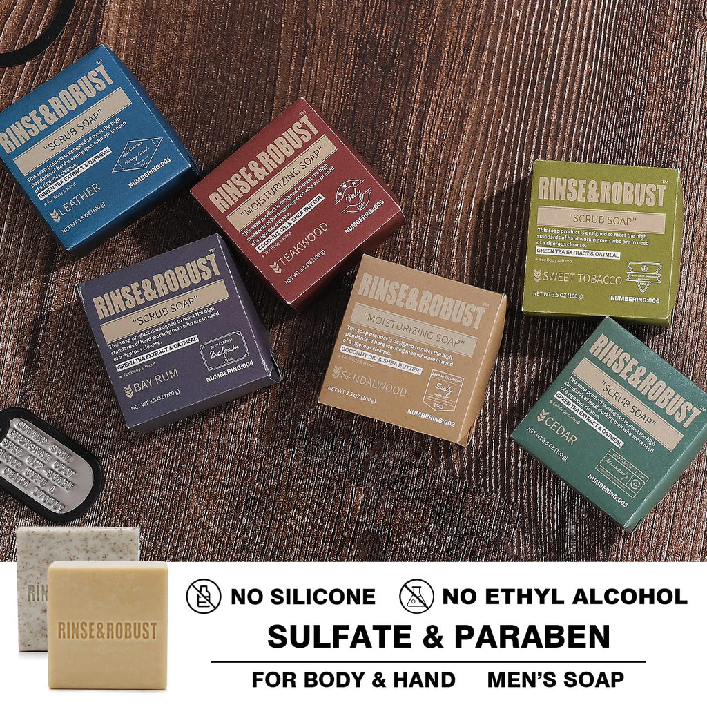 Rinse & Robust Mens Natural Bar Soap 6-Piece Gift Set – Exfoliating & Moisturizing Bars