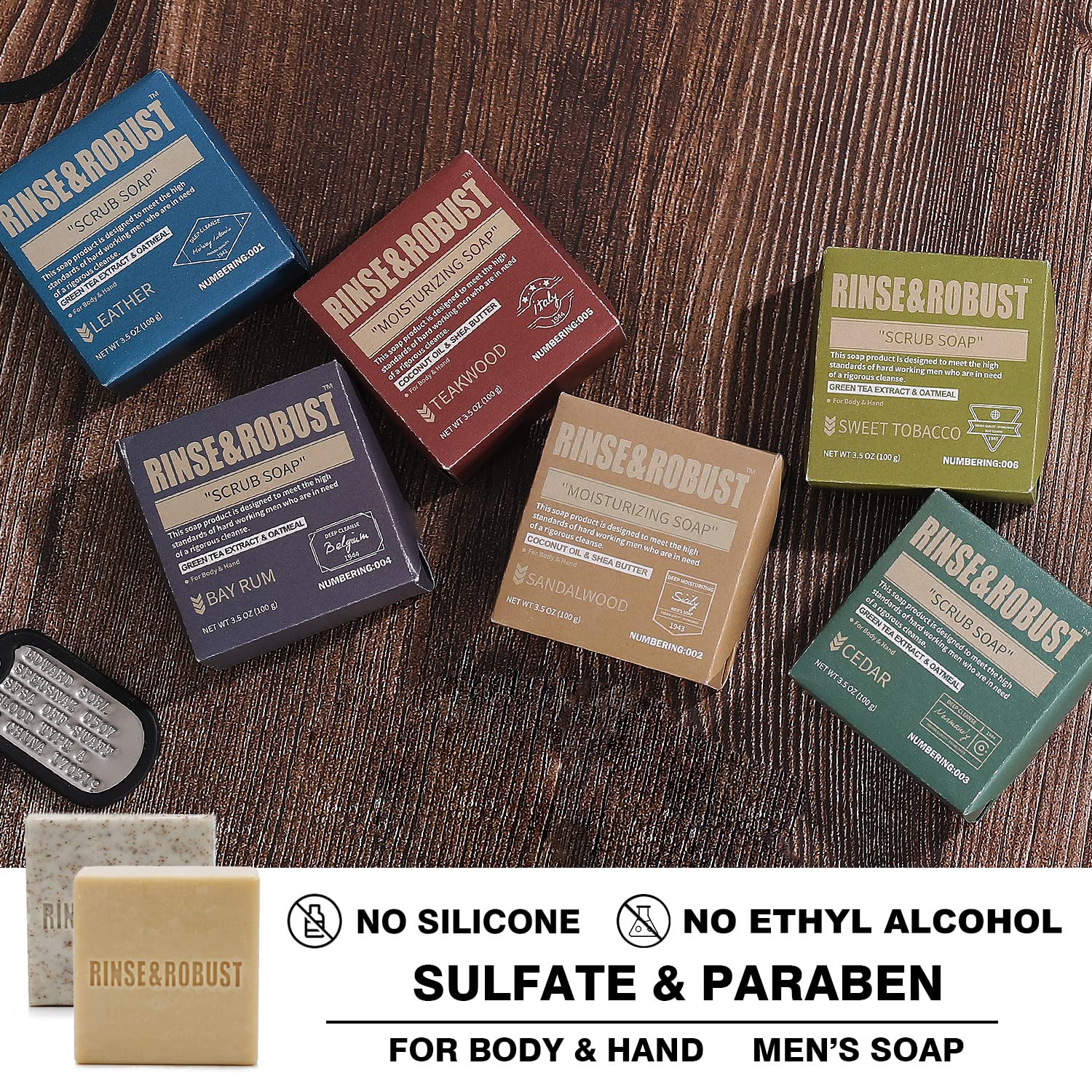 Rinse & Robust Mens Natural Bar Soap 6-Piece Gift Set – Exfoliating & Moisturizing Bars