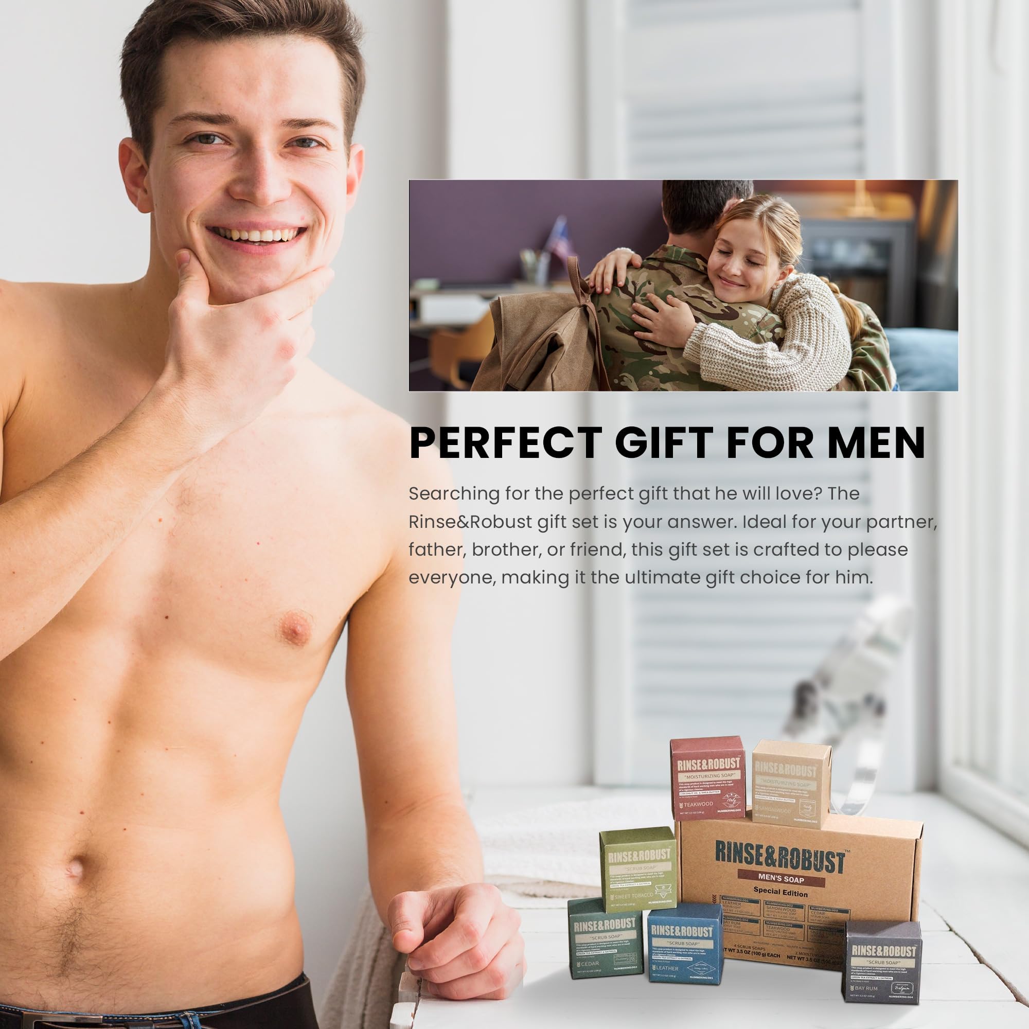 Rinse & Robust Mens Natural Bar Soap 6-Piece Gift Set – Exfoliating & Moisturizing Bars