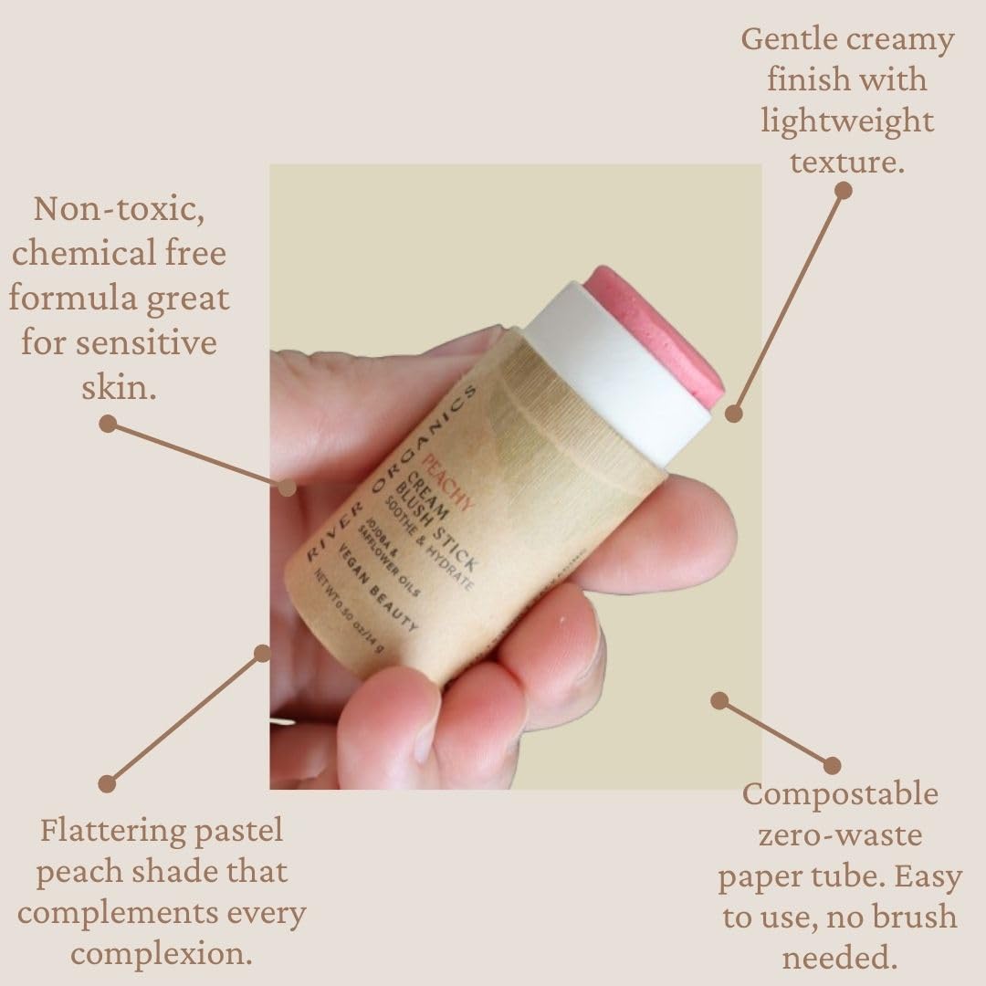 River Organics Vegan Blush Stick – Hydrating Multi-Use Peachy Cream Blush, 0.50 oz, Plastic-Free