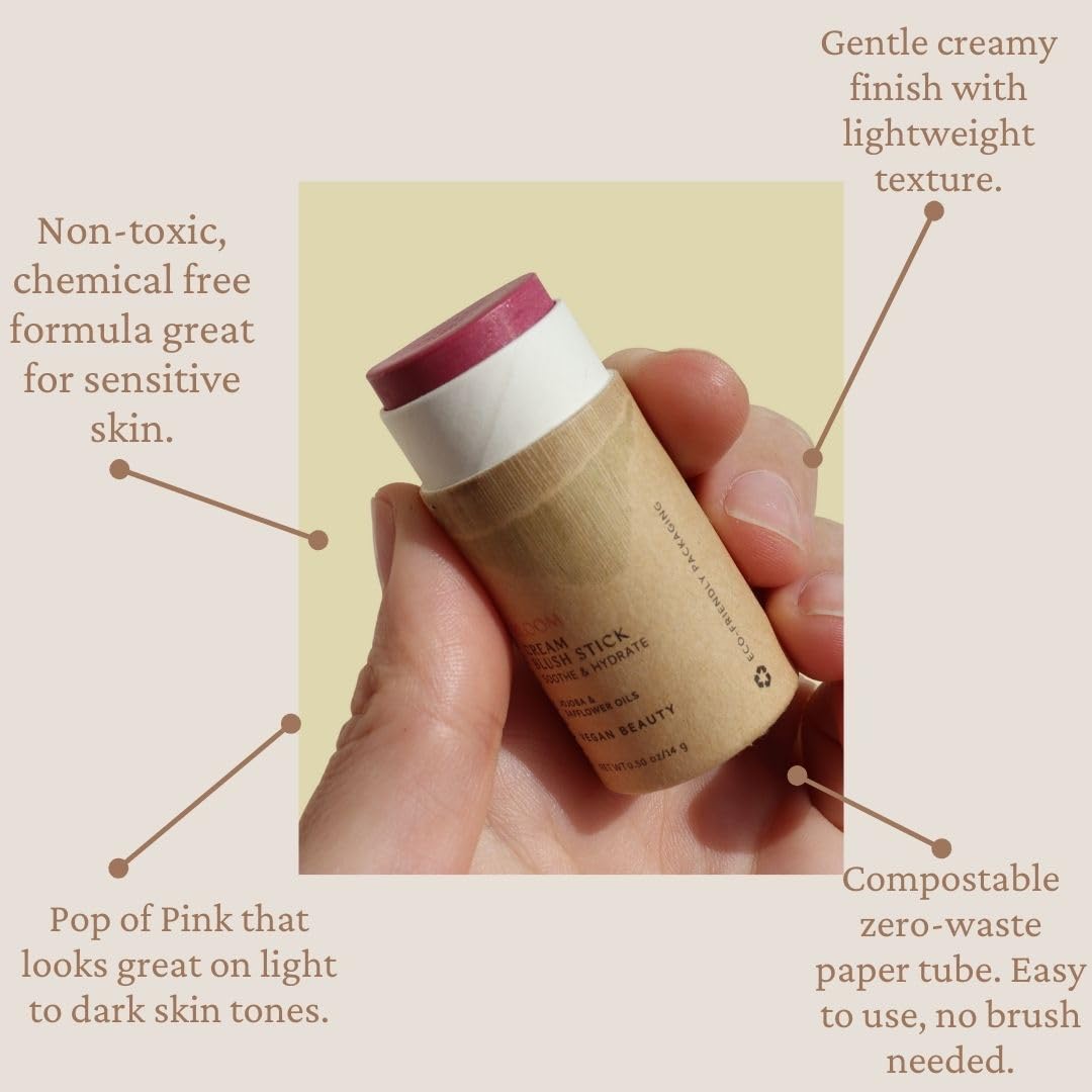 River Organics Vegan Blush Stick – Hydrating, Multi-Use Cream Blush in Bloom (0.50 oz) | Plastic-Free Packaging