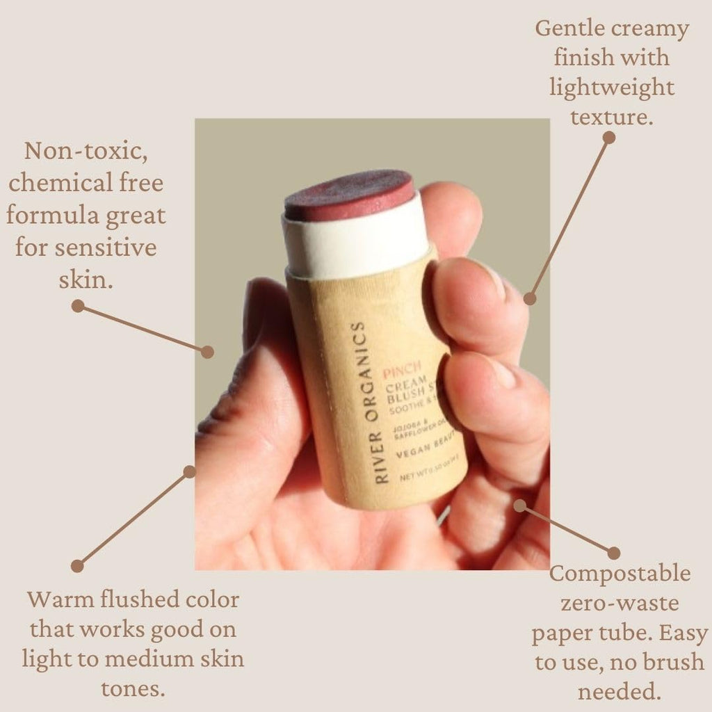 River Organics Vegan Blush Stick – Hydrating Multi-Use Cream Blush, Pinch, Plastic-Free Packaging | 0.50 oz